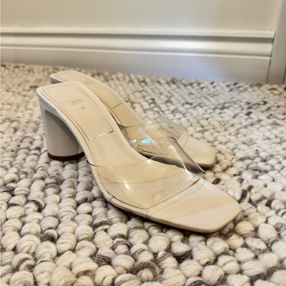 Zara Beige and Clear Block Heel Mules